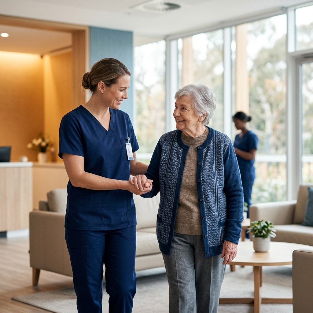 A compassionate nurse assisting an elderly resident in a modern care facility