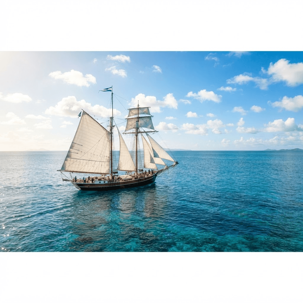 A peaceful vessel sailing through calm, golden waters toward a quiet harbor